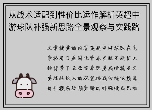 从战术适配到性价比运作解析英超中游球队补强新思路全景观察与实践路径